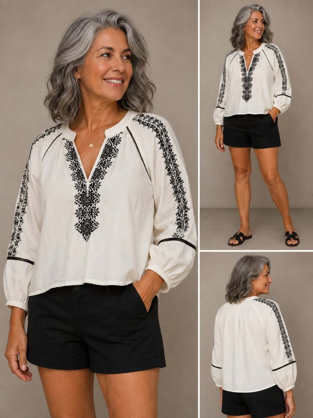 The Pioneer Woman Embroidered Cream V-Neck Blouse with Black Floral Detailing
M7